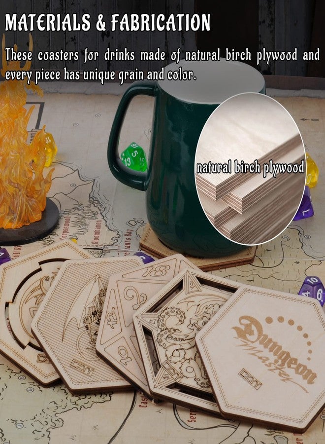 CZYY DND Decorative Wood Coasters Cool & Unique Table Mug Cup Mats Laser Engraved with Dragon, D20 and Cthulhu (Set of 5) - Image 4