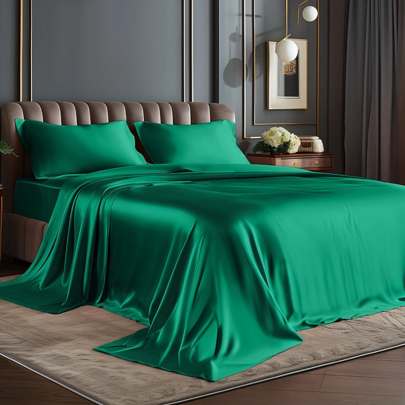 BEDELITE California King Sheets Set, Luxury Soft Dark Green Satin Sheets for Hair and Skin, Similar to Silk Bed Sheets Set 4 Pieces with 1 Deep Pocket Fitted Sheet, 1 Flat Sheet, and 2 Pillowcases - Image 1