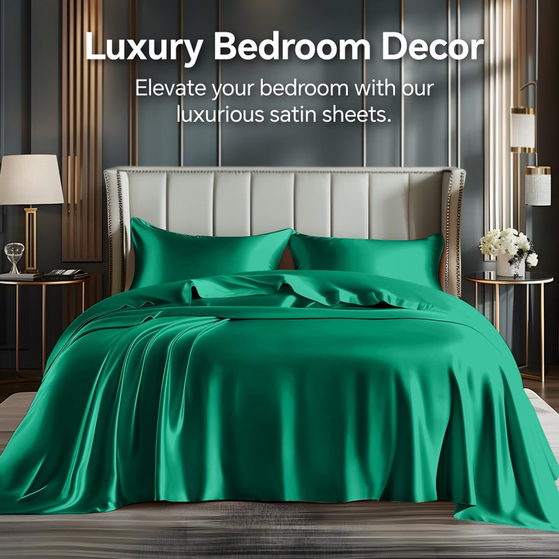 BEDELITE California King Sheets Set, Luxury Soft Dark Green Satin Sheets for Hair and Skin, Similar to Silk Bed Sheets Set 4 Pieces with 1 Deep Pocket Fitted Sheet, 1 Flat Sheet, and 2 Pillowcases - Image 2