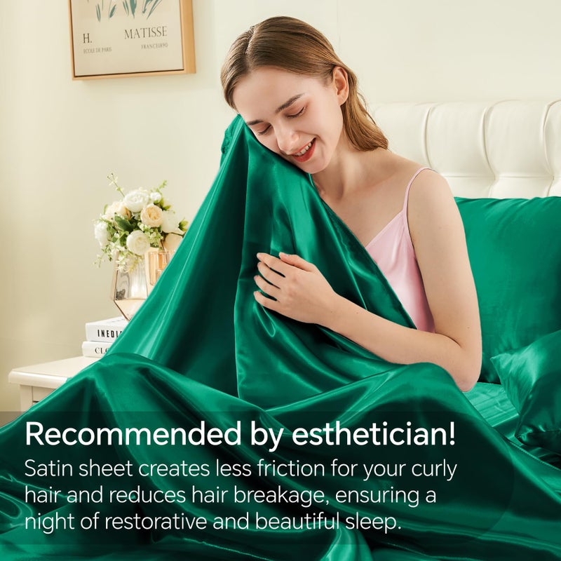 BEDELITE California King Sheets Set, Luxury Soft Dark Green Satin Sheets for Hair and Skin, Similar to Silk Bed Sheets Set 4 Pieces with 1 Deep Pocket Fitted Sheet, 1 Flat Sheet, and 2 Pillowcases - Image 3