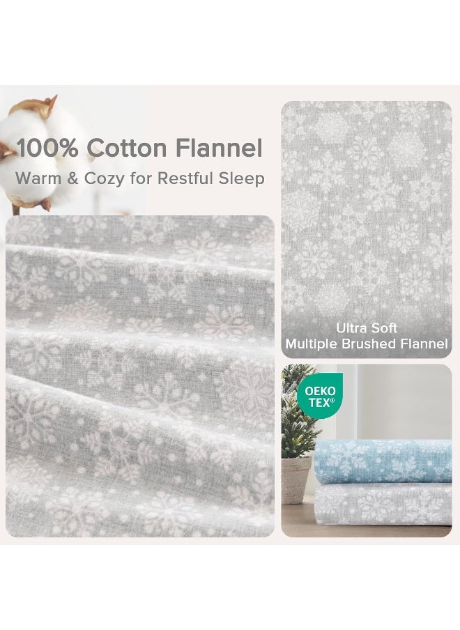 Comfort Spaces Comfort Spaces Cotton Flannel Breathable Warm Deep Pocket Sheets with Pillow Case Bedding, Queen, Grey/Aqua Snowflakes 4 Piece  - Image 4