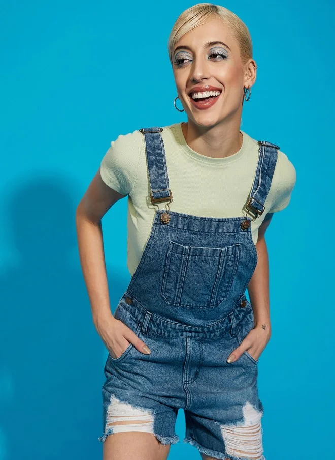 ساسافراس Blue Casual Denim Dungaree for Women