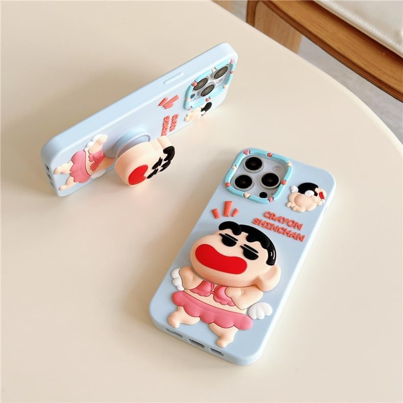 COVERLY for iPhone 16 Pro Max 3D Cute Cartoon Crayon Shin-Chan Case,Full Protective Funda Trendy Animal Back Case with Phone Holder Soft Silicon Blue Fashion Kawaii Cover for Apple iPhone 16 Pro Max - Image 5
