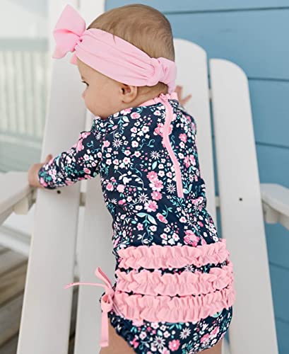 RuffleButts Baby Girls UPF 50+ Sun Protection Floral Printed Long Sleeve One Piece Rash Guard Swimsuit with Zipper - Moonlit Meadow, 2T - Image 3