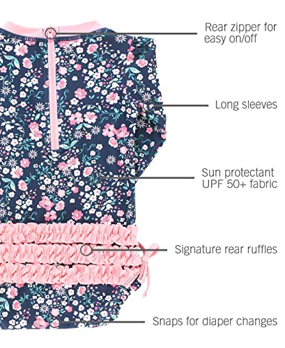 RuffleButts Baby Girls UPF 50+ Sun Protection Floral Printed Long Sleeve One Piece Rash Guard Swimsuit with Zipper - Moonlit Meadow, 2T - Image 5
