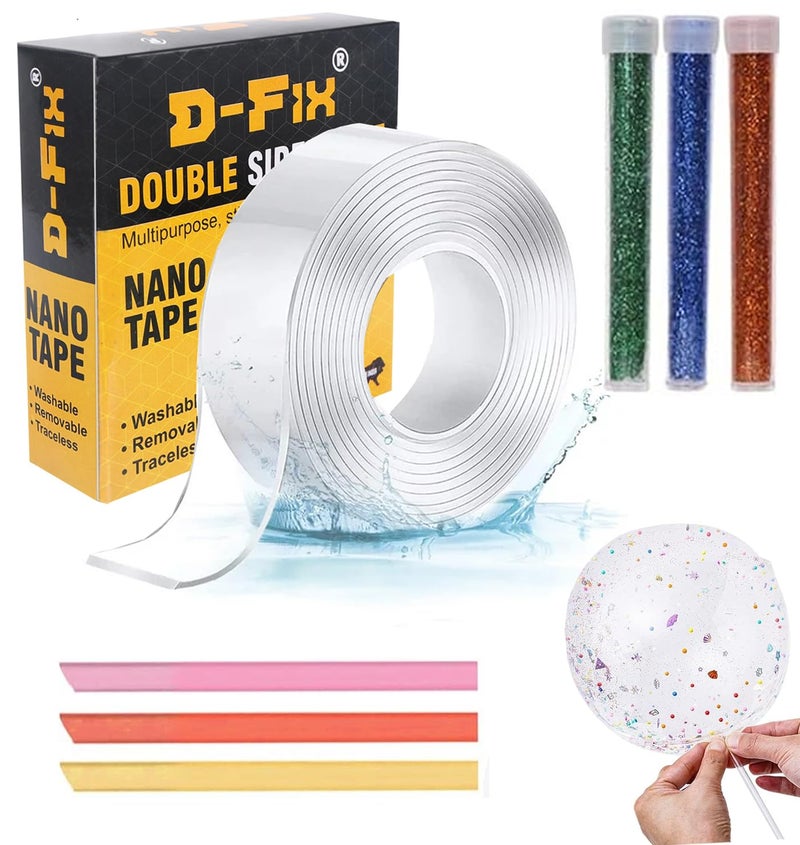 D-Fix Nano Tape With 3 Glitter Flakes 3 Stars Straw For Balloon Double Sided Ivy Grip Tape For Walls Washable Reusable Strong Sticky Strips Multicolor Moon & Heart Art And Craft Diy Kit-1MM-3METER - Image 1
