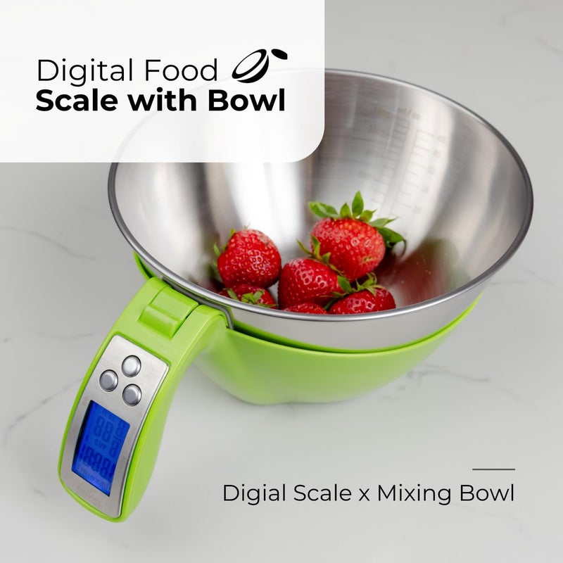Fradel Digital Kitchen Food Scale with Bowl - 11lb, Grams & Ounces - Removable, Dishwasher-Safe Mixing Bowl - Green - Image 2