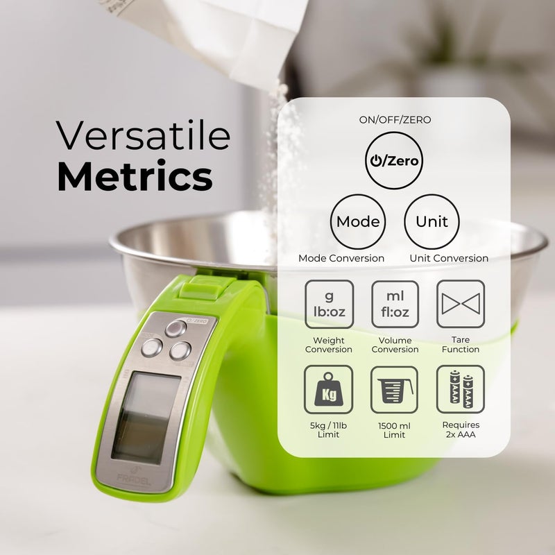 Fradel Digital Kitchen Food Scale with Bowl - 11lb, Grams & Ounces - Removable, Dishwasher-Safe Mixing Bowl - Green - Image 4