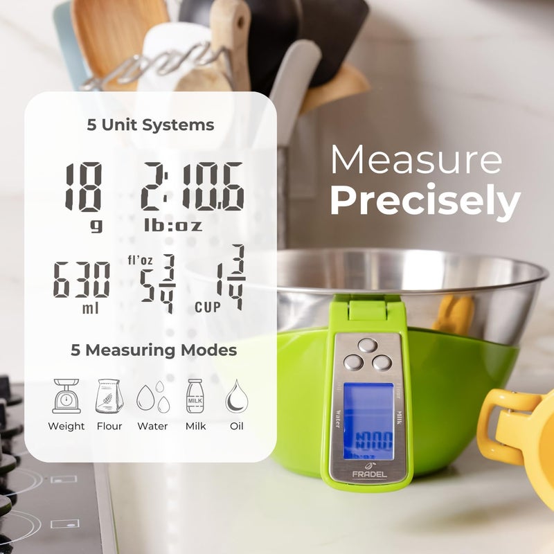 Fradel Digital Kitchen Food Scale with Bowl - 11lb, Grams & Ounces - Removable, Dishwasher-Safe Mixing Bowl - Green - Image 3