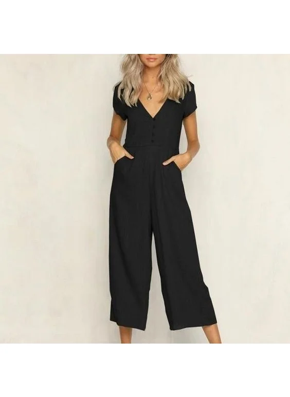 Barbora Linen Casual Summer V Neck Short Leg Design Women's Jumpsuit LN1010BLACK5