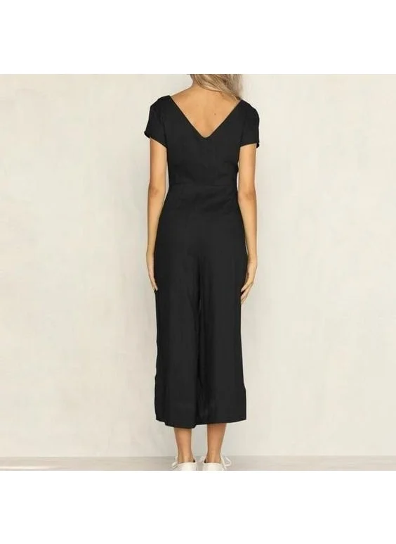 Barbora Linen Casual Summer V Neck Short Leg Design Women's Jumpsuit LN1010BLACK5
