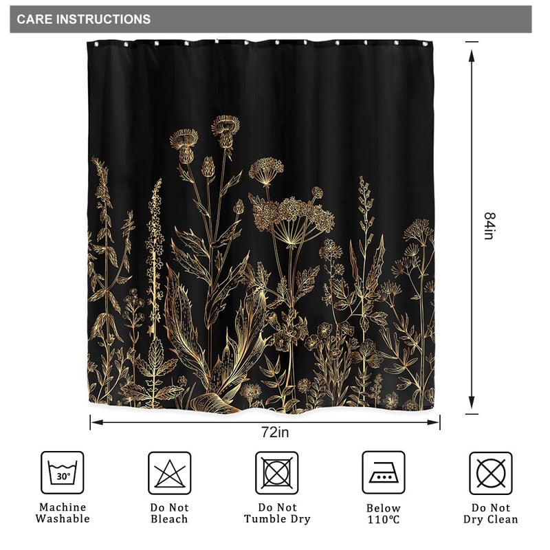 Riyidecor Extra Long 72Wx84H Shower Curtain for Bathroom Decor Black Gold Dark Floral Wildflower Vintage Botanical Rustic Farmhouse Plant Art Printed Fabric Polyester Waterproof 12 Pack Plastic Hooks - Image 3