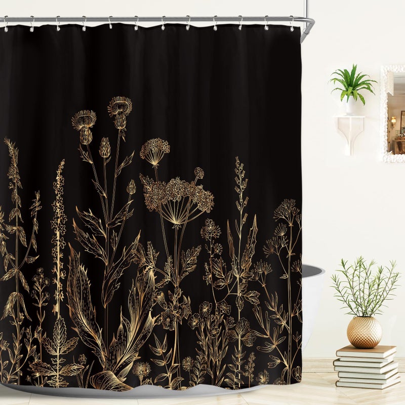 Riyidecor Extra Long 72Wx84H Shower Curtain for Bathroom Decor Black Gold Dark Floral Wildflower Vintage Botanical Rustic Farmhouse Plant Art Printed Fabric Polyester Waterproof 12 Pack Plastic Hooks - Image 1