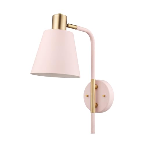Globe Electric Cleo 1-Light Plug-in or Hardwire Wall Sconce, Blush Pink, Matte Brass Accents, Black Cloth Cord, Bulb Not Included - Image 1