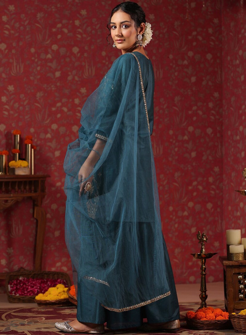 ISHIN Women'S Teal Polyester Blend Self Design Full Length Palazzo Kurta Set - Image 4