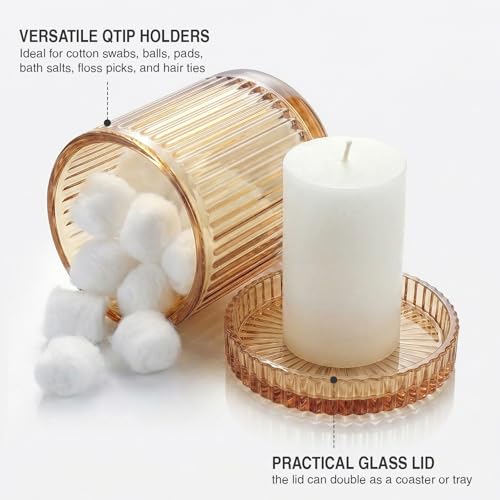 MKOSAB Bathroom Organizers and Storage,2 Pack Glass Qtip Holder Dispenser,Bathroom Essentials Accessories Decor,Vanity Makeup Storage Organizer for Cotton Swabs,Cotton Balls,Pads,Floss Picks (Amber) - Image 3