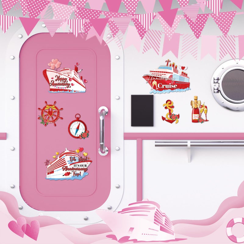 Dazoratix Anniversary Cruise Door Magnets - 7 Pcs Happy Red and Gold Ship Cabin Magnetic Stickers Anchor Stateroom Accessories Wedding Party Carnival Holiday Fridge Decal Refrigerator Car Garage Decor - Image 4