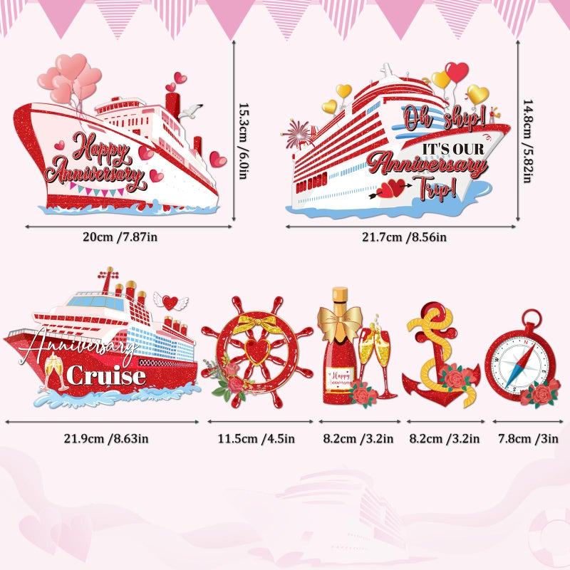 Dazoratix Anniversary Cruise Door Magnets - 7 Pcs Happy Red and Gold Ship Cabin Magnetic Stickers Anchor Stateroom Accessories Wedding Party Carnival Holiday Fridge Decal Refrigerator Car Garage Decor - Image 2