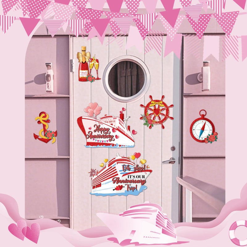 Dazoratix Anniversary Cruise Door Magnets - 7 Pcs Happy Red and Gold Ship Cabin Magnetic Stickers Anchor Stateroom Accessories Wedding Party Carnival Holiday Fridge Decal Refrigerator Car Garage Decor - Image 3