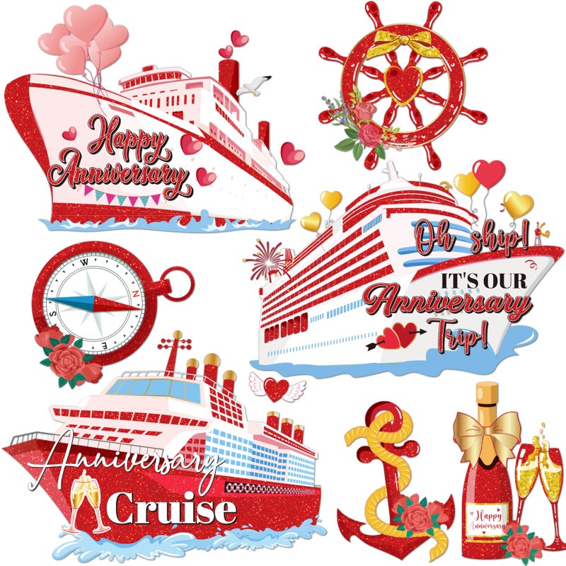 Dazoratix Anniversary Cruise Door Magnets - 7 Pcs Happy Red and Gold Ship Cabin Magnetic Stickers Anchor Stateroom Accessories Wedding Party Carnival Holiday Fridge Decal Refrigerator Car Garage Decor - Image 1
