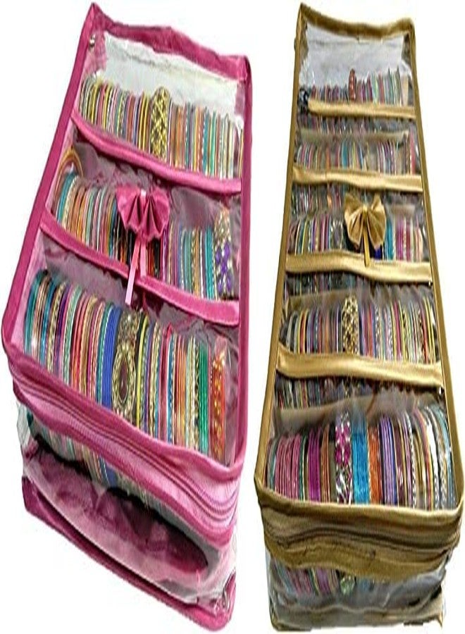 SNA Plastic and Satin Combo 3, 5 Rods Bangle Box Makeup kit Jewellery Box (Pink, Gold) - Image 1