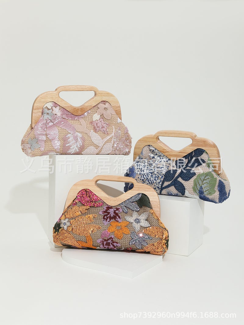 2023 New Flower Sequined Embroidered Papyrus Woven Hand Chain Evening Bag - Image 2