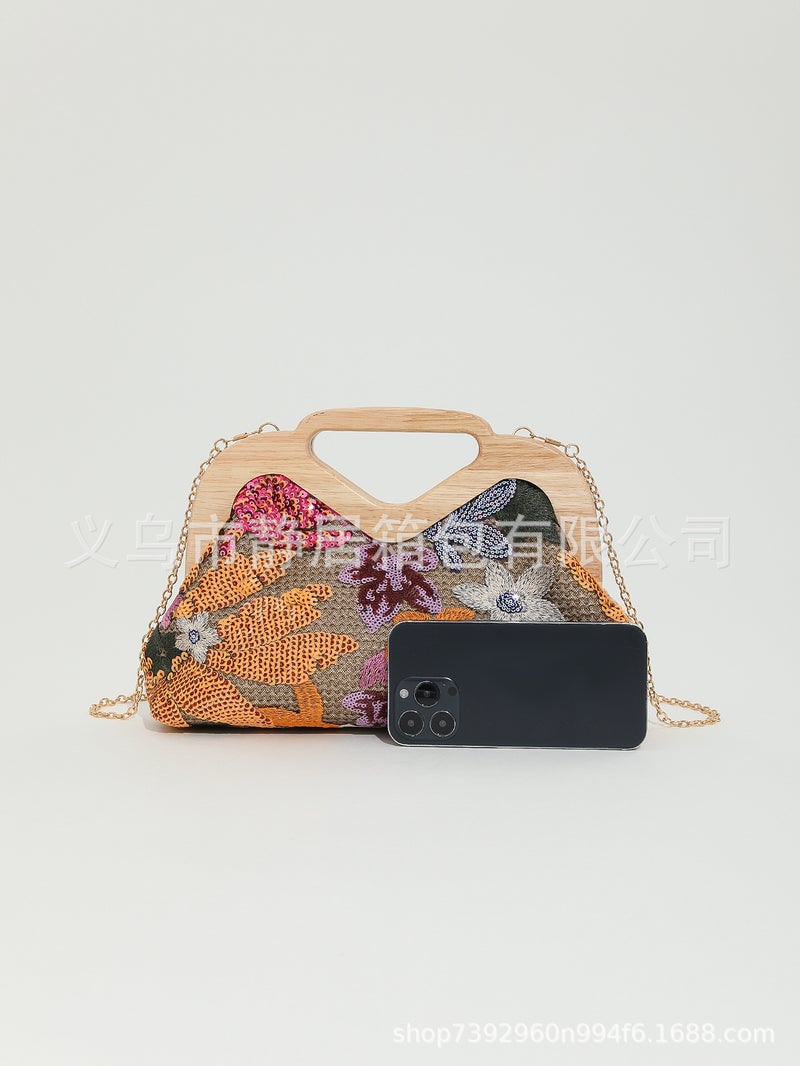 2023 New Flower Sequined Embroidered Papyrus Woven Hand Chain Evening Bag - Image 5