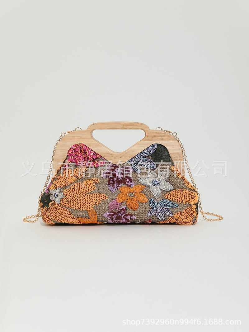 2023 New Flower Sequined Embroidered Papyrus Woven Hand Chain Evening Bag - Image 4
