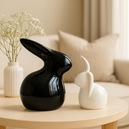 SRJANA Home Décor Ceramic Rabbit Figurines (Set of 2, Black and White) - Image 1