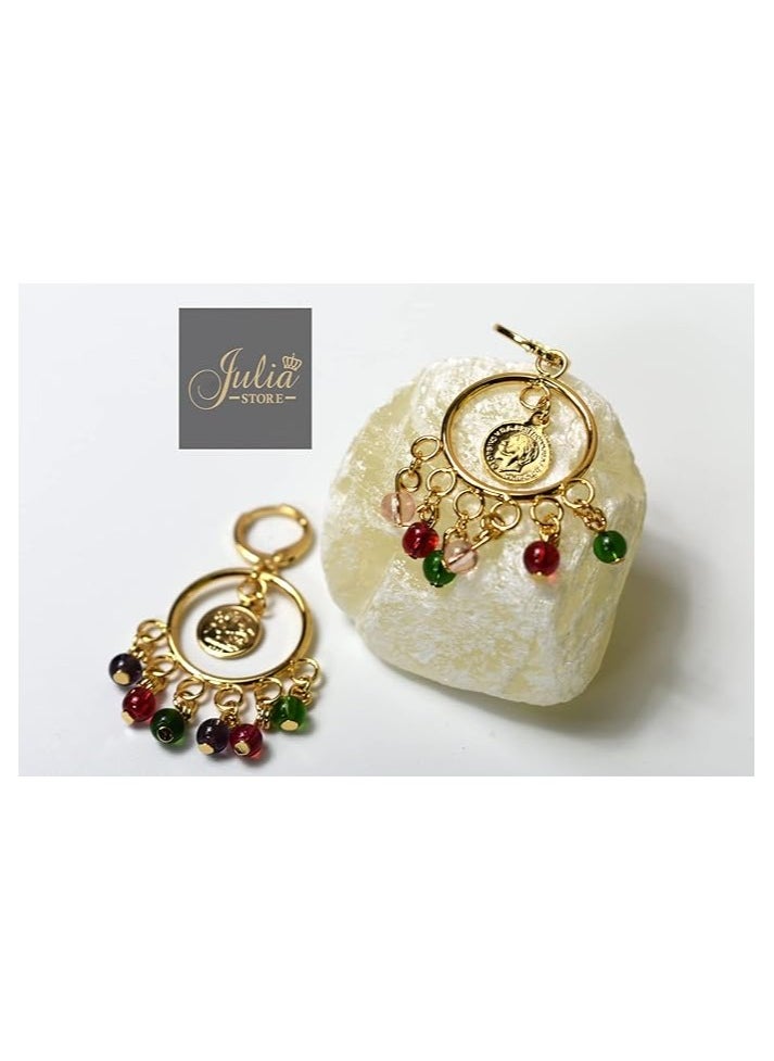Julia Store Vintage Elegant Oriental Arabian Egyptian 21K Gold Plated Coin Dangle Colorful Balls Earrings For Women Girls By Julia Store  - Image 1