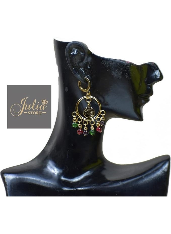 Julia Store Vintage Elegant Oriental Arabian Egyptian 21K Gold Plated Coin Dangle Colorful Balls Earrings For Women Girls By Julia Store  - Image 4