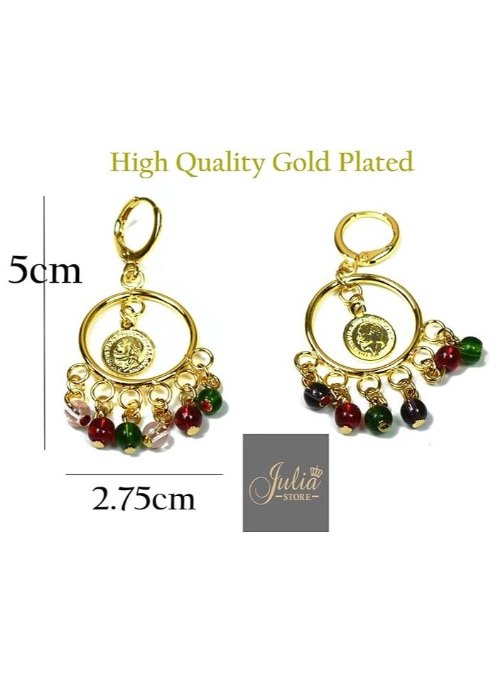 Julia Store Vintage Elegant Oriental Arabian Egyptian 21K Gold Plated Coin Dangle Colorful Balls Earrings For Women Girls By Julia Store  - Image 3