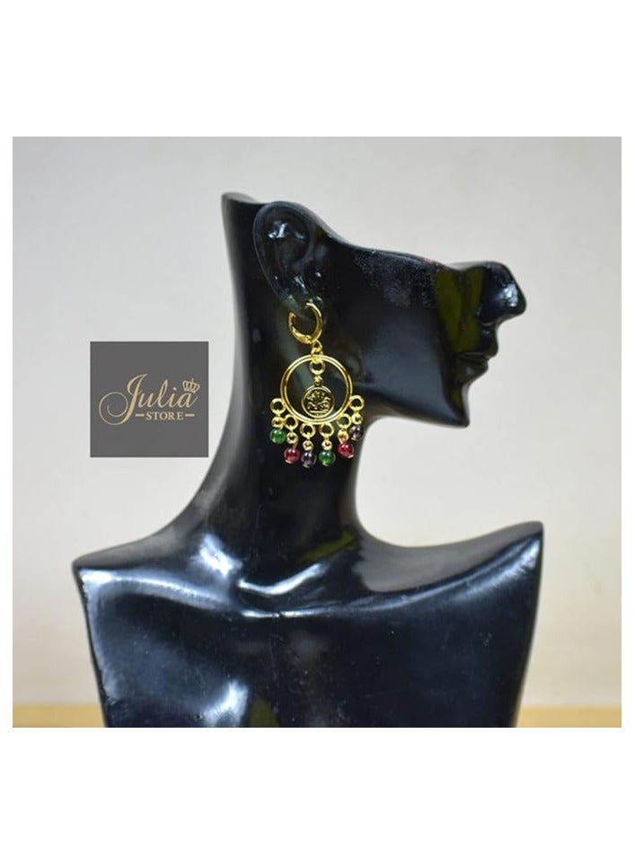 Vintage Elegant Oriental Arabian Egyptian 21K Gold Plated Coin Dangle Colorful Balls Earrings For Women Girls By Julia Store