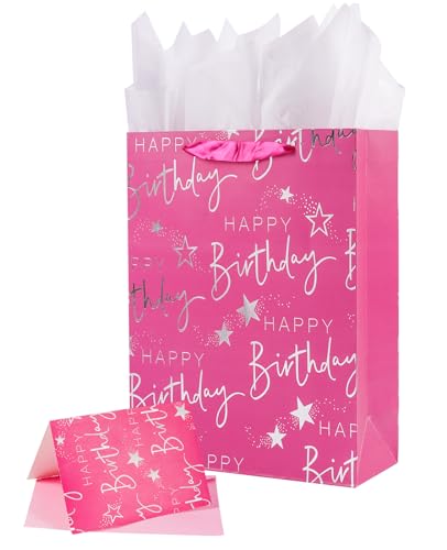 JWSCYSY 165 Extra Large Happy Birthday Gift Bag with Card and Tissue Papers Huge Gift Bag for Kids Girls Birthday Party Pink - Image 1