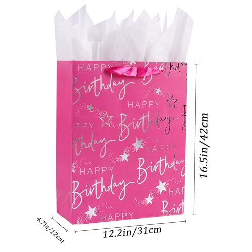 JWSCYSY 165 Extra Large Happy Birthday Gift Bag with Card and Tissue Papers Huge Gift Bag for Kids Girls Birthday Party Pink - Image 3