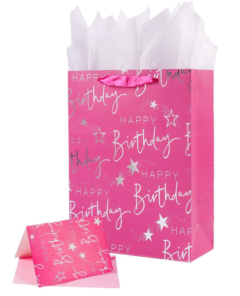 JWSCYSY 165 Extra Large Happy Birthday Gift Bag with Card and Tissue Papers Huge Gift Bag for Kids Girls Birthday Party Pink - Image 2