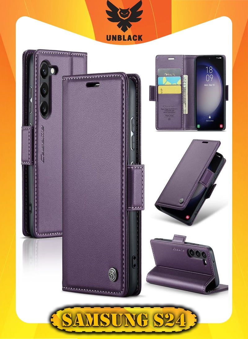 CaseMe Flip Wallet Case For Samsung Galaxy S24 , [RFID Blocking] PU Leather Wallet Flip Folio Case with Card Holder Kickstand Shockproof Phone Cover (Purple) - Image 1