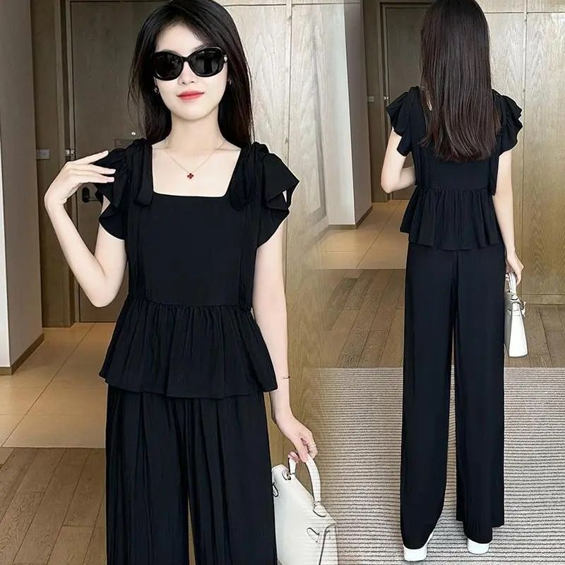 Fashionable Versatile Set 2026 Summer New Stylish Bowknot Top and Wide-Leg Pants Slimming Two-Piece Trendy Outfit - Image 3