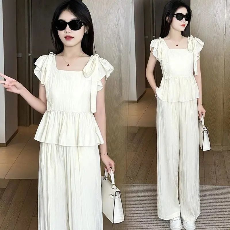 Fashionable Versatile Set 2026 Summer New Stylish Bowknot Top and Wide-Leg Pants Slimming Two-Piece Trendy Outfit - Image 4