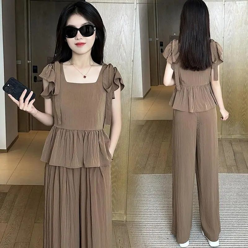 Fashionable Versatile Set 2026 Summer New Stylish Bowknot Top and Wide-Leg Pants Slimming Two-Piece Trendy Outfit - Image 2