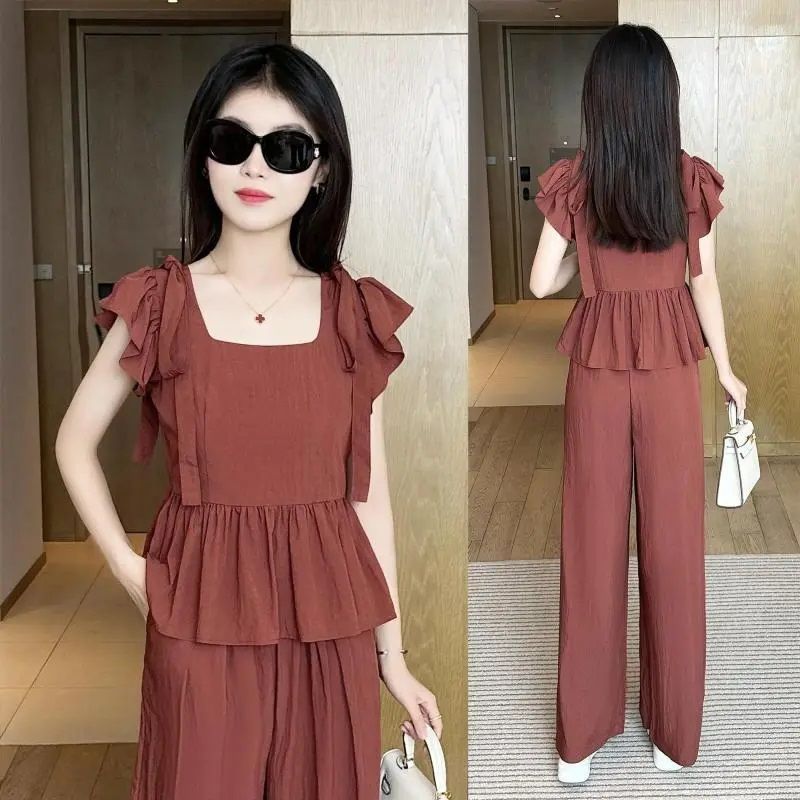 Fashionable Versatile Set 2026 Summer New Stylish Bowknot Top and Wide-Leg Pants Slimming Two-Piece Trendy Outfit - Image 5