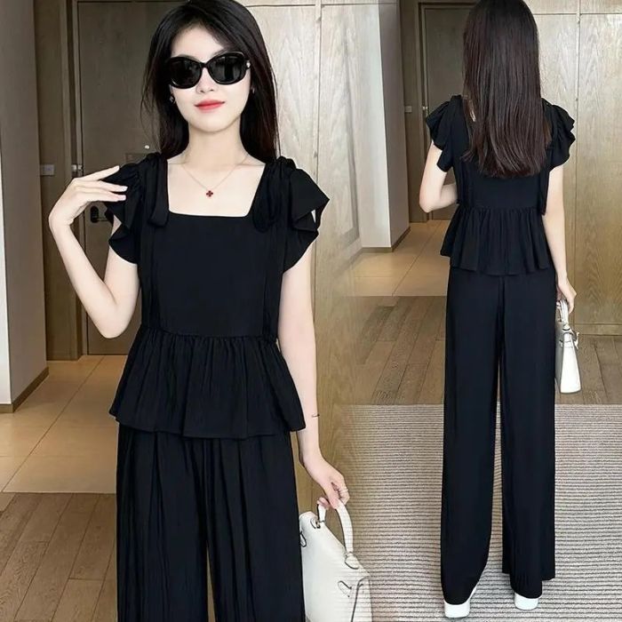Fashionable Versatile Set 2026 Summer New Stylish Bowknot Top and Wide-Leg Pants Slimming Two-Piece Trendy Outfit - Image 1