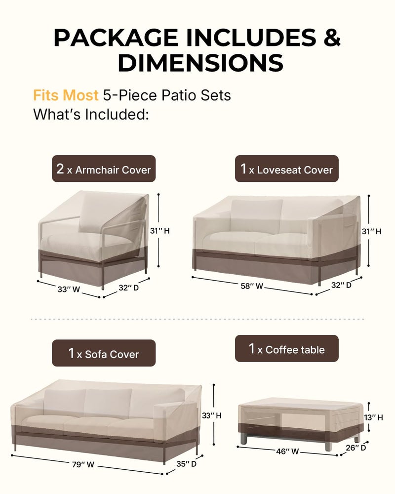 loriano Patio Furniture Cover Set, 5 Piece Outdoor Furniture Cover Waterproof, 600D Heavy Duty Lawn Patio Set Covers - Image 2