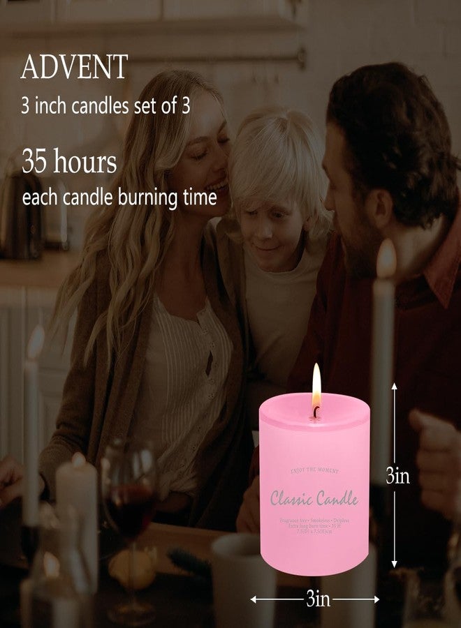 BINYUAN 3 Pack Unscented Pink Pillar Candles, 40 Hour 3x3 Inch Dripless Tapered Fat Column Cylinder Candles for Valentine's Day Home Party Holidays - Image 5