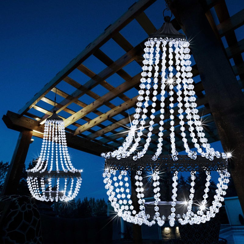 SUNNYPARK Hanging Solar Lantern Outdoor, 28â€ Modern Clear Crystal Acrylic Chandelier with 30 Cool White Lights S Hook for Garden, Yard, Patio, Gazebo Decorations - Image 1