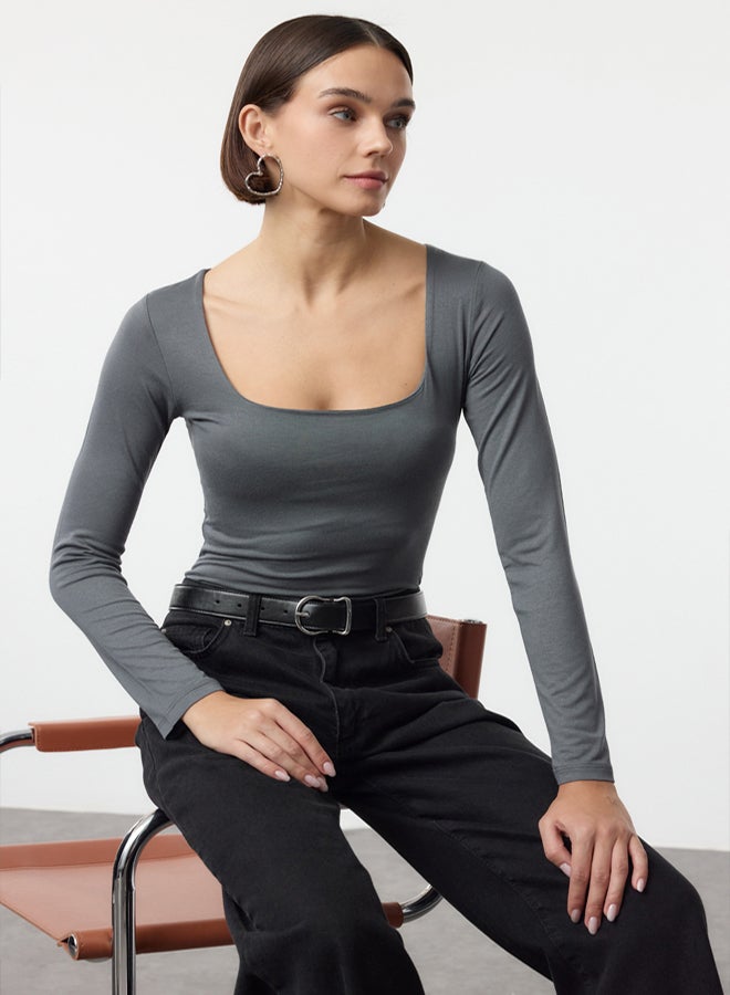 trendyol Premium Anthracite Knitted Body - Square Collar, Bottom Snap - Image 1