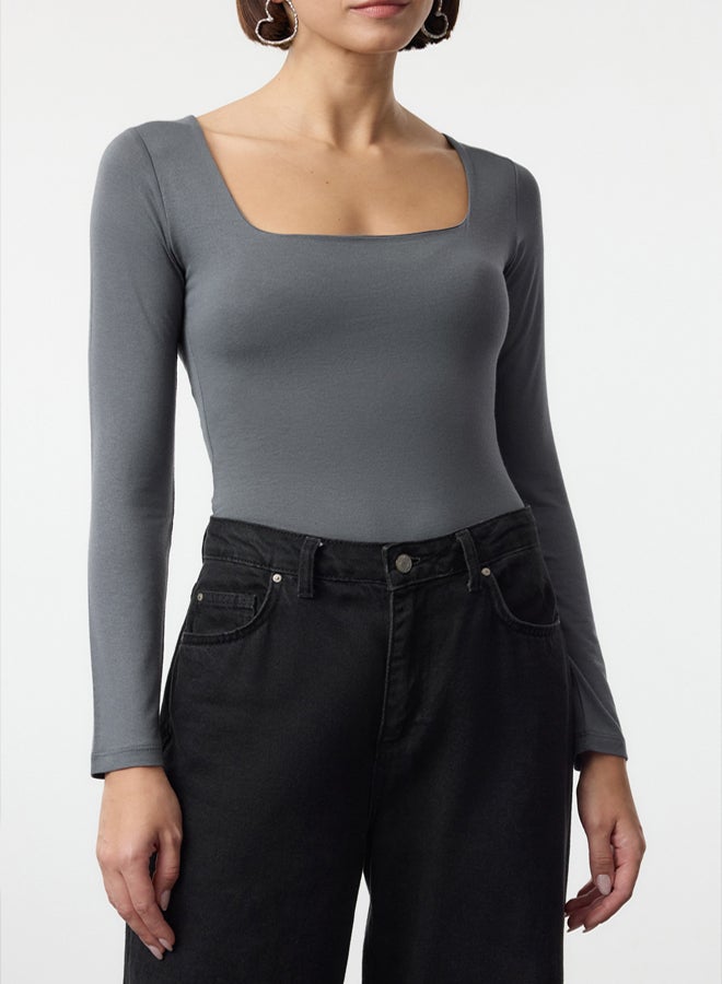 trendyol Premium Anthracite Knitted Body - Square Collar, Bottom Snap - Image 4