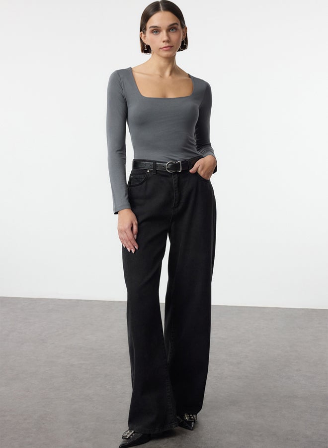 trendyol Premium Anthracite Knitted Body - Square Collar, Bottom Snap - Image 2
