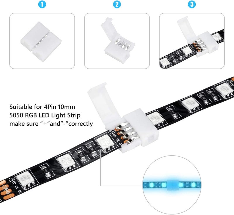 Protium 4-Pin RGB LED Light 10mm Unwired Gapless Solderless Adapter Terminal Extension SMD 5050 Strip Connectors (Multicolor) - 10 Pack - Image 3