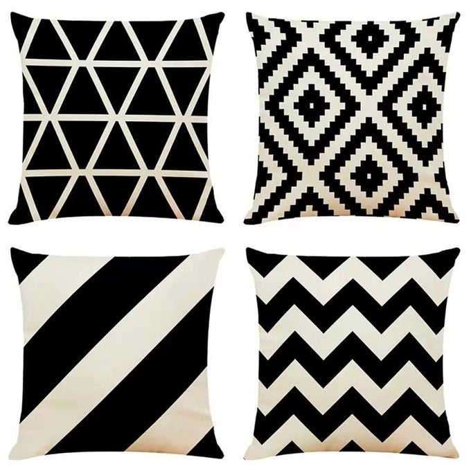 SET OF 4 BOHO DECORATIVE CUSHION COVERS BLACK 16 X 16 LINEN GEOMETRIC THROW PILLOW COVERS 40CM X 40CM SQUARE PILLOWCASES FOR OUTDOOR FURNITURE GARDEN BENCH LIVING ROOM SOFA FARMHOUSE DECOR
